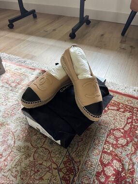 CHANEL Beige Leather Espadrilles with Black Toe Cap